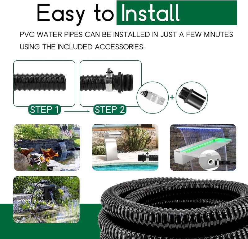 Longrun Pond Tubing 1.5 Inch 1-1/2'' Diameter, 26.9 ft Long Corrugated Flexible Hose Pipe with Clamps Pipe Fittings, Pool PVC Tube for Garden Ponds Waterfalls Camping Caravans Filters Drainage Marine - Image 5